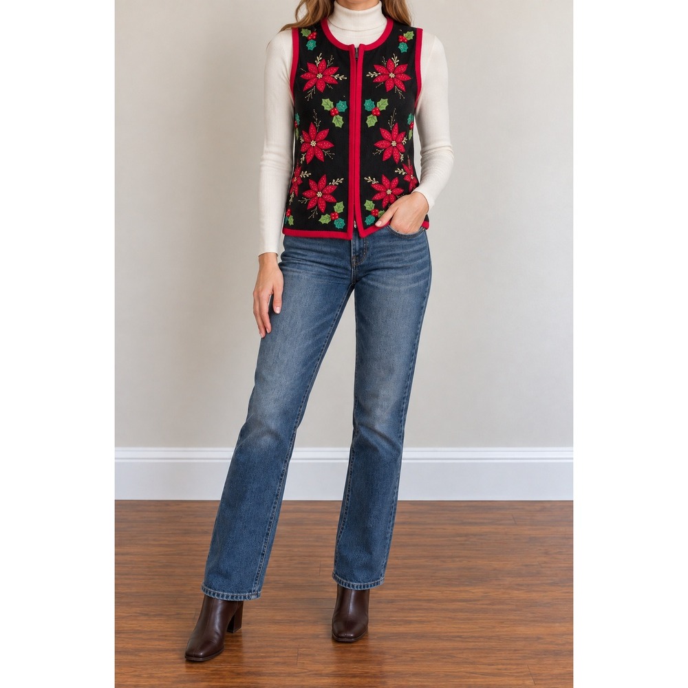 Vintage Christmas Sweater Zip Vest Women Small Bead Poinsettia Holiday Novelty